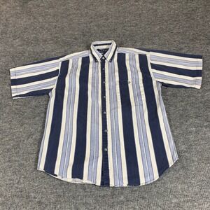 VTG HIS Shirt Mens Medium Blue Striped Button Down Heavyweight Cotton 90s Dad